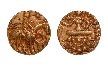 Stamp of Coins » Gupta Gupta Empire, Prakashaditya, c. 490-515, horseman slaying lion, AV dinar, 9.21 g.