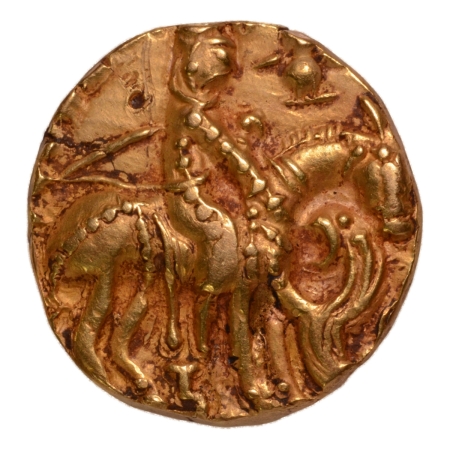 Gupta Empire, Prakashaditya, c. 490-515, horseman slaying lion, AV dinar, 9.21 g.