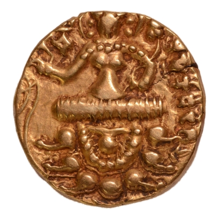 Gupta Empire, Prakashaditya, c. 490-515, horseman slaying lion, AV dinar, 9.21 g.
