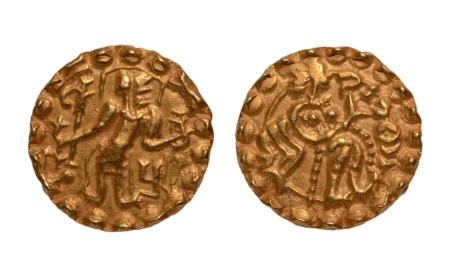 Stamp of Coins » Post-Gupta Post Gupta, Bengal, Samatata dynasty, anonymous issue, c. 630, archer, AV dinar, 5.67 g.