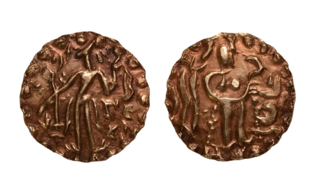 Stamp of Coins » Post-Gupta Post Gupta, Bengal, Samatata region, Khadga dynasty, archer, AV dinar, 5.58 g.