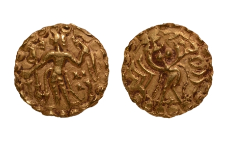 Stamp of Coins » Post-Gupta Post Gupta, Bengal, Samatata region, in name of Vira Chandra, c. 575.625, archer, AV dinar, 5.72 g.