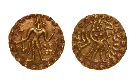 Stamp of Coins » Post-Gupta Post Gupta, Bengal, Samatata region, in the name of Sri Vijaya, c. 665-701, archer, AV dinar, 5.86 g.