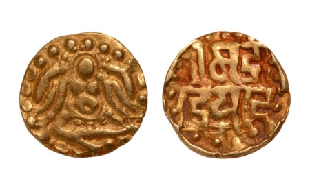 Stamp of Coins » Hindu coins of medieval India Kalachuris of Tripuri, Gangeya Deva, 1015-1040, Lakshmi, AV quarter dinar, 1.03 g.