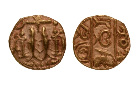 Stamp of Coins » Hindu coins of medieval India Alupas dynasty, Pandya Dhananjaya, c. 11th century, two fish, AV dinar, 3.59 g.