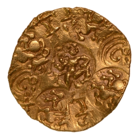 Chalukyas of Kalyana, Jayasimha II, 1015-1043, or Bijjala, punchmark, AV pagoda, 3.74 g.