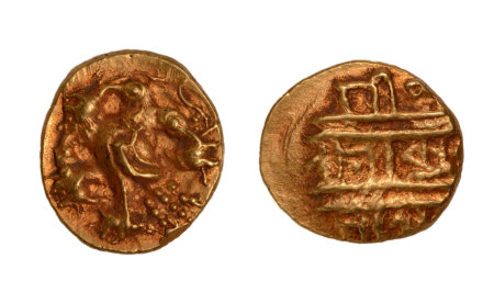 Stamp of Coins » Hindu coins of medieval India Vijayanagara Empire, Tuluva Dynasty, Achyutaraya (15th Century), Gandaberunda, AV half Varaha, 1.70 g.