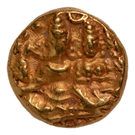 Vijayanagar Empire, Devaraya I, 1406-1422, Siva and Parvati, AV half pagoda, 1.69 g.