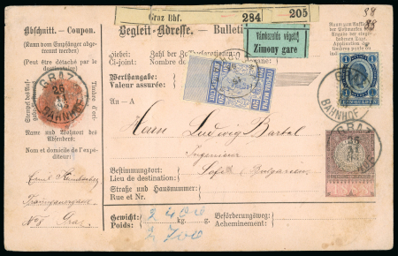 Stamp of Austria » 1890-1918 Issues  Austria 1893 Parcel accompanying card fkd 1G + another 3-colour at back GRAZ ---> SOFIA