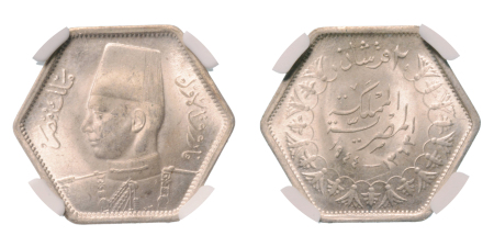 Stamp of Coins » Africa » Egypt Egypt King Farouk I 2 pi. AH 1363/1944, Ag 2.80 g.