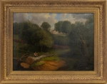 Stamp of Feldman International Auctions » Tableaux du XIXs / 19th Century Paintings Ecole anglaise du XIXème siècle. Paysage au bucheron