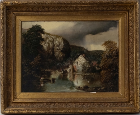 Stamp of Feldman International Auctions » Tableaux du XIXs / 19th Century Paintings Ecole anglaise du XIXème siècle. Paysage au cottage au bord d’un lac