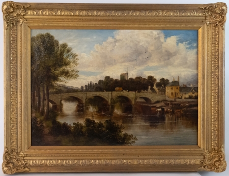 Stamp of Feldman International Auctions » Tableaux du XIXs / 19th Century Paintings Ecole anglaise du XIXème siècle. Le pont sur la rivière