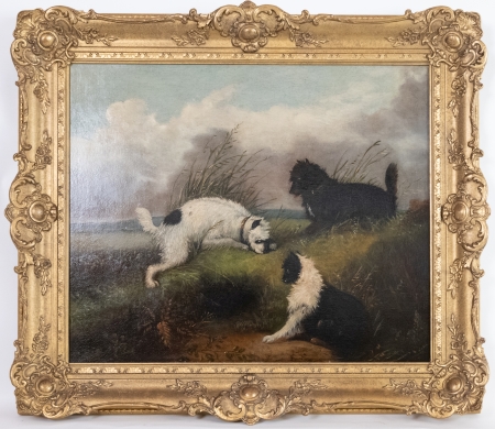 Stamp of Feldman International Auctions » Tableaux du XIXs / 19th Century Paintings Ecole anglaise du XIXème siècle. Trois chiens jouant
