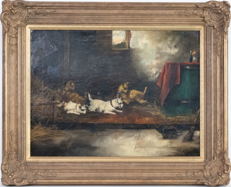 Stamp of Feldman International Auctions » Tableaux du XIXs / 19th Century Paintings Ecole anglaise du XIXème siècle. Chiens jouant en intérieur