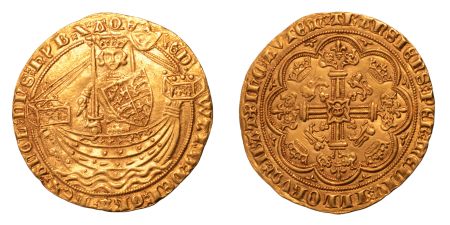 Stamp of Coins » Europe » Great Britain » England Edward III, Gold Noble, 1363-1369, London mint. Obverse: Crowned king with sword and shield standing facing in ship. Reverse: Floriate cross with Є in central quadrilobe. 7.64 g. (33 mm).