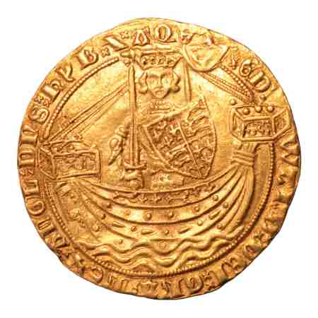 Edward III, Gold Noble, 1363-1369, London mint. Obverse: Crowned king with sword and shield standing facing in ship. Reverse: Floriate cross with Є in central quadrilobe. 7.64 g. (33 mm).