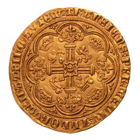 Edward III, Gold Noble, 1363-1369, London mint. Obverse: Crowned king with sword and shield standing facing in ship. Reverse: Floriate cross with Є in central quadrilobe. 7.64 g. (33 mm).