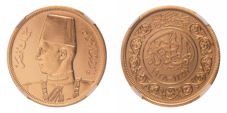 Stamp of Coins » Africa » Egypt Egypt King Farouk I 500 pi. AH 1357/1938, Royal Wedding, Au 42.5 g.