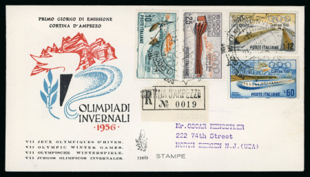 Stamp of Olympics » 1956 Cortina d'Ampezzo Italy: 1956 Cortina set of four on FDC sent registered plus official postcard with ski jump cancellation