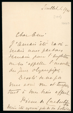 Stamp of Olympics » 1908 London 1908 letter with embossed IOC legend written and signed by Pierre de Coubertin on July 1st 1908, saying that he is leaving tomorrow for the Olympics