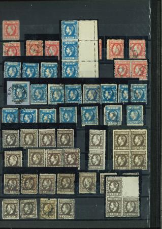 Stamp of Romania » 1872 Prince Carol I - Perforated 5b to 25b, attractive specialised assembly showing a fine array of unused and used, singles, pairs and blocks