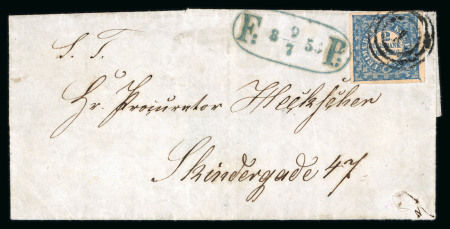 Stamp of Denmark 1853 Denmark small letter datelined 9 July, franked with 2 RBS blue with good margins