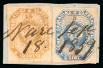 Stamp of Colombia 1859, 5c. blue and 10c. buff, on piece used in September 1859