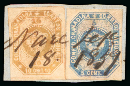Stamp of Colombia 1859, 5c. blue and 10c. buff, on piece used in September 1859