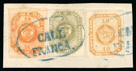 Stamp of Colombia 1859, 2½c. olive green, 10c. red-orange, stone A, second issue 10c yellow-buff, unique franking