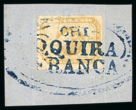 Stamp of Colombia 1860, 10c. yellow buff, tied to piece Chiquinquirá hs