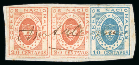 Stamp of Colombia 1861, 20c. red, horizontal pair with margins ranging