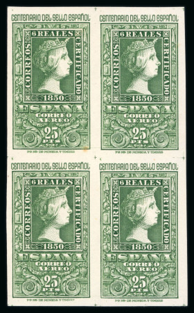 Stamp of Spain 1950 Centenary of the First Spanish Stamp, set of 8 in mint n.h. blocks of four