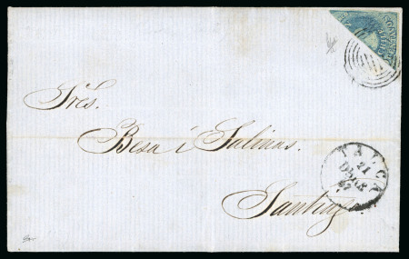 Stamp of Chile 1857 10c blue, Santiago print, bisect on attractive entire