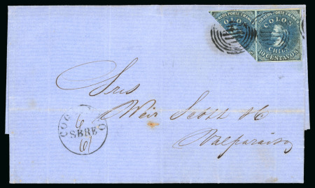 Stamp of Chile 1861 10c blue, Santiago print, pair with one diagonal bisect