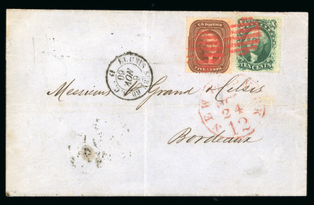 Stamp of United States 1860 1857-61 issue 5c brown type I (SC29) and 10c green probably type V (SC35)