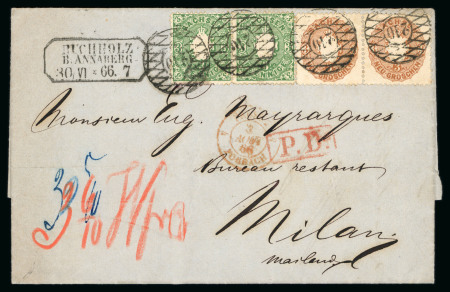 Stamp of German States » Saxony 1866 Sachsen 1863 issue pair of 3pf green (Mi 14) and pair of 3ngr (Mi 18) tied to cover