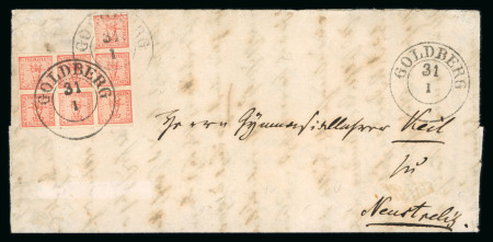 Stamp of German States » Mecklenburg Schwerin 1856 block of seven 1/4s value tied by attractive Goldberg circular on cover to Neustrelitz