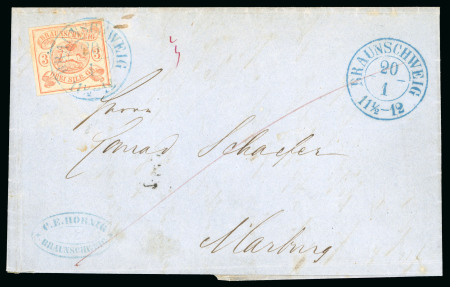 Stamp of German States » Brunswick 1852 Braunschweig 3sgr (Mi 3) very fine copy tied by blue circular Braunschweig