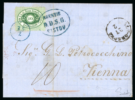 Stamp of Austria » Donau Steamship Company 1866-68 Austria Donau Steamship Company 10kr green, type I, (Mi 3I) tied to cover