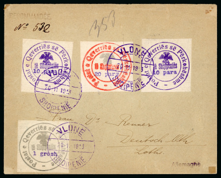 Stamp of Albania 1913 issue, five values on two registered covers, sent from Vlone to Germany