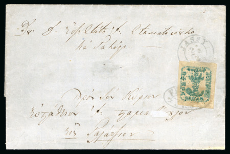 Stamp of Romania » 1858 (1st Nov.) - 1861 Moldavia - Handstruck at Jassy - Imperforate 1858 Rumania 40pa greenish blue on white paper, on cover