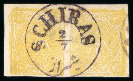 Stamp of Persia » 1868-1879 Nasr ed-Din Shah Lion Issues » 1876 Narrow Spacing (SG 15-19) (Persiphila 13-17) 4kr. crome-yellow, used horizontal pair, good to large