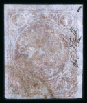 Stamp of Persia » 1868-1879 Nasr ed-Din Shah Lion Issues » 1878-79 Re-engraved (SG 37-39) (Persiphila 26-28)  1 Toman red bronze on blued paper, used with good to
