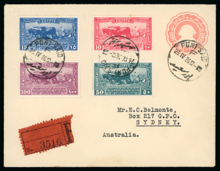Stamp of Egypt » Commemoratives 1926 Agricultural and Industrial Exhibition 10m, 15m, 50m and 100m on 5m postal stationery envelope sent registered from Port Said to Australia