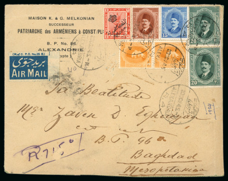 Stamp of Egypt » 1922-1936 King Fouad I Definitives » Issued Stamps 1923-24 First Portrait issue issues in combination with Crown Overprint 2m, all tied by Alexandria to commercial cover sent by registered airmail to Iraq