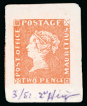 Stamp of Mauritius » 1847 Post Office Issue (SG 1-2) Mauritius – 1847 “Post Office” 2d essays or proofs on cardboard paper in the correct shade and in the red that was used for the 1d value