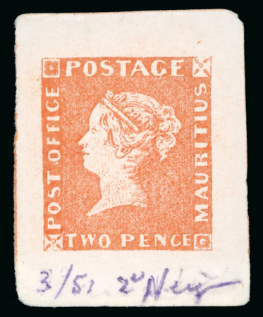 Stamp of Mauritius » 1847 Post Office Issue (SG 1-2) Mauritius – 1847 “Post Office” 2d essays or proofs on cardboard paper in the correct shade and in the red that was used for the 1d value