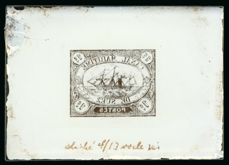 Stamp of Sperati Suez Canal Company – 1868 1c, one glass cliché with image reversed and manuscript production notes at base “cliché 4/13 voile vio” referring to the violet filter used to obtain optimum contrast, also stamp with very shar