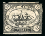 Stamp of Sperati Suez Canal Company – 1868 1c, one glass cliché with image reversed and manuscript production notes at base “cliché 4/13 voile vio” referring to the violet filter used to obtain optimum contrast, also stamp with very shar